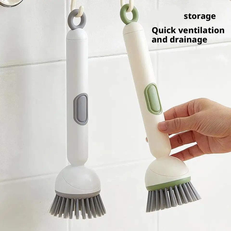 Kitchen Cleaning Adjustable Handle Brush With Soap Dispenser Refillable PET Portable Head For Dishes Pans Pots