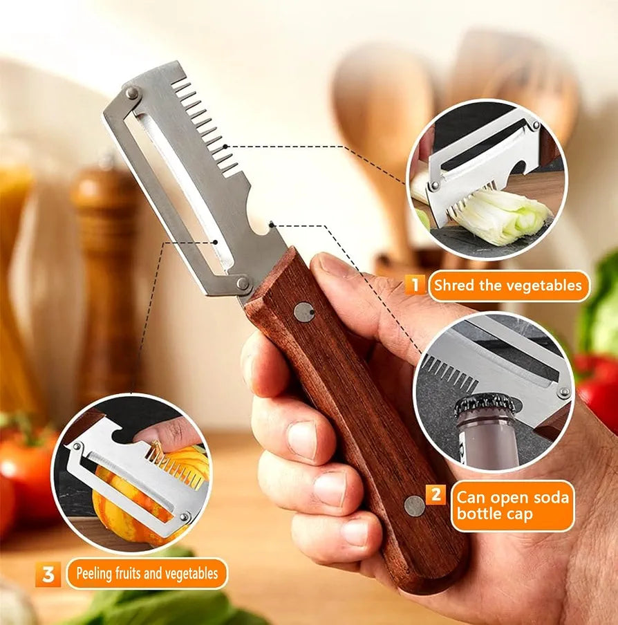 3-in-1 Stainless Steel Vegetable Peeler & Cutter with Wooden Handle