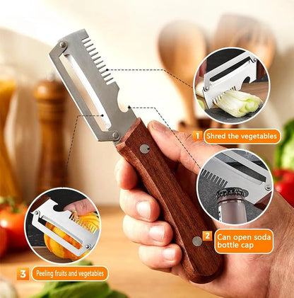 3-in-1 Stainless Steel Vegetable Peeler & Cutter with Wooden Handle