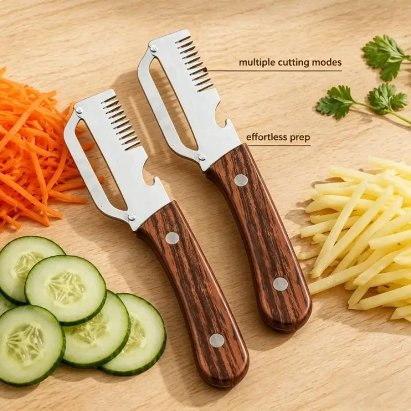 3-in-1 Stainless Steel Vegetable Peeler & Cutter with Wooden Handle