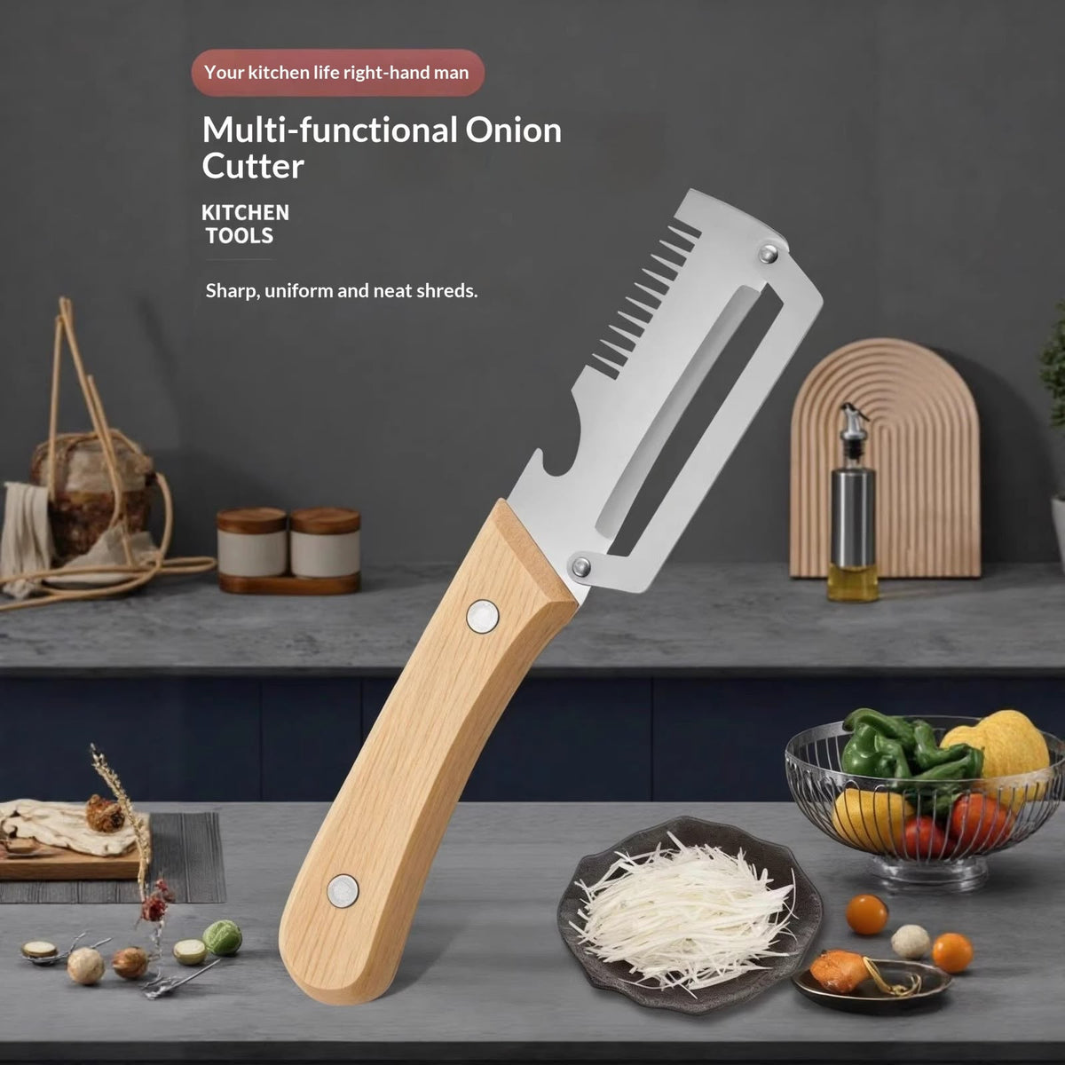 3-in-1 Stainless Steel Vegetable Peeler & Cutter with Wooden Handle
