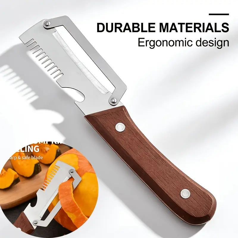 3-in-1 Stainless Steel Vegetable Peeler & Cutter with Wooden Handle